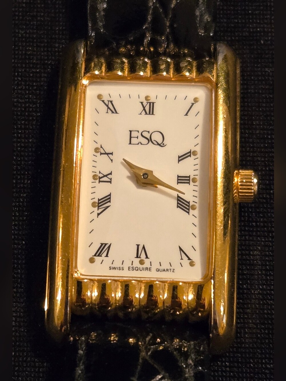 ESQ By Movado Gold Tone Rectangular Dress Watch with Black Leather Strap